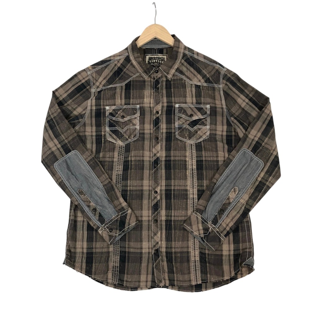 BKE Mens XL Brown Plaid Western Pearl Snap Button Down Shirt Cowboy Rodeo Biker - Picture 1 of 13
